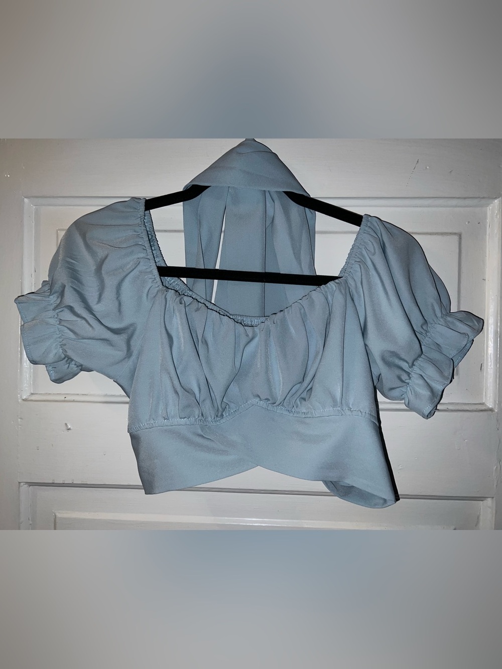 Light Blue Puff Sleeve Tie-Back Crop Top